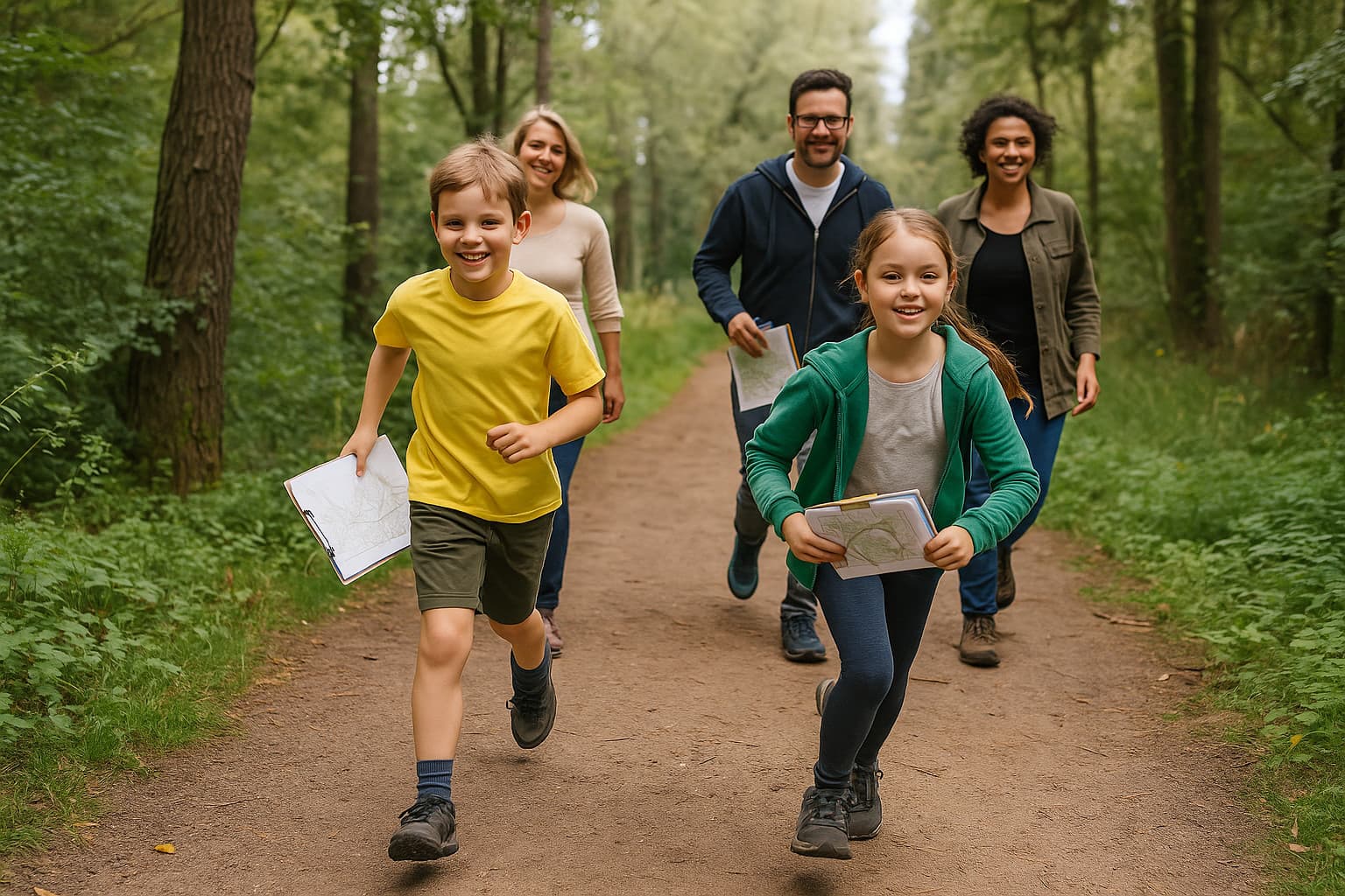 Gruppe von Jogger:innen läuft auf Waldweg durch Berglandschaft, umgeben von Bäumen und Natur.